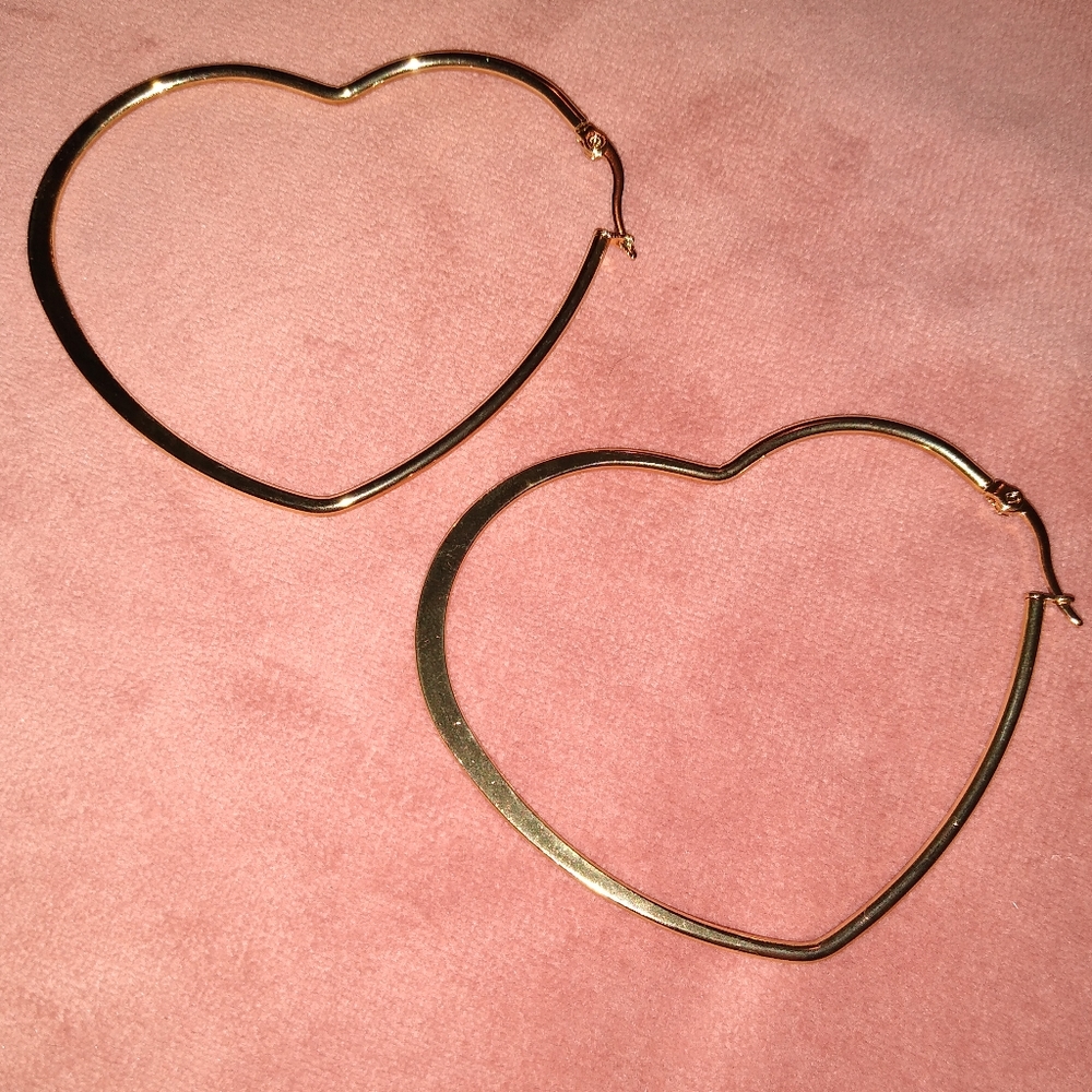 Gold Heart Shaped Large Hoop Earrings Big Hearts Minimalist Hoops Valentines Day